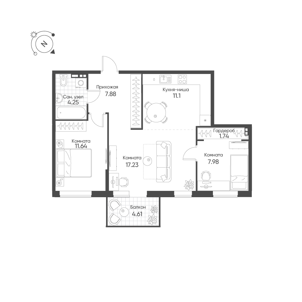 3-комнатная 63 м2 в ЖК Балтым-Парк корпус null этаж 5