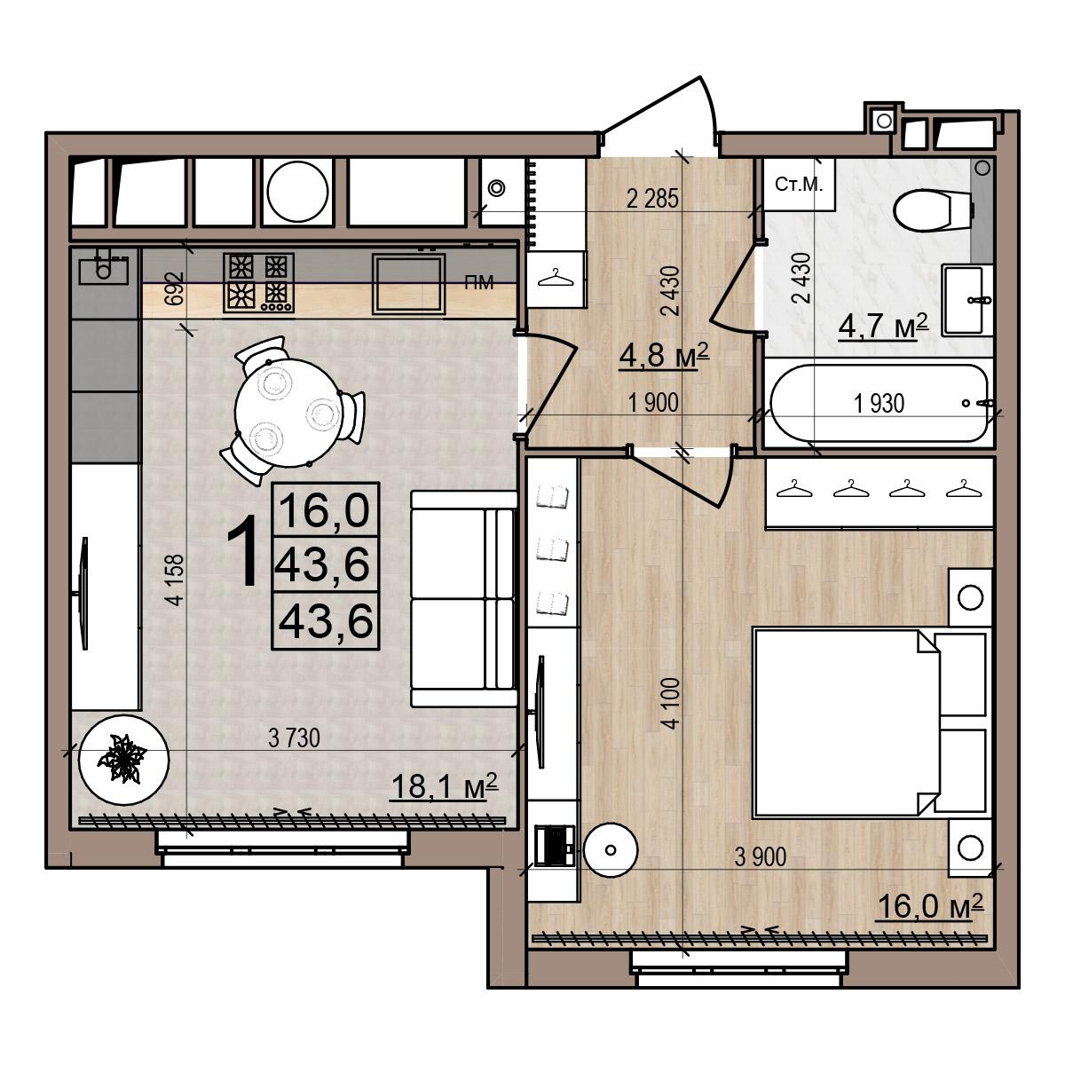 1-комнатная 43 м2 в ЖК Еврокласс-5 корпус null этаж 14
