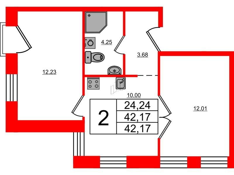 2-комнатная 42 м2 в ЖК ID Polytech корпус null этаж 3