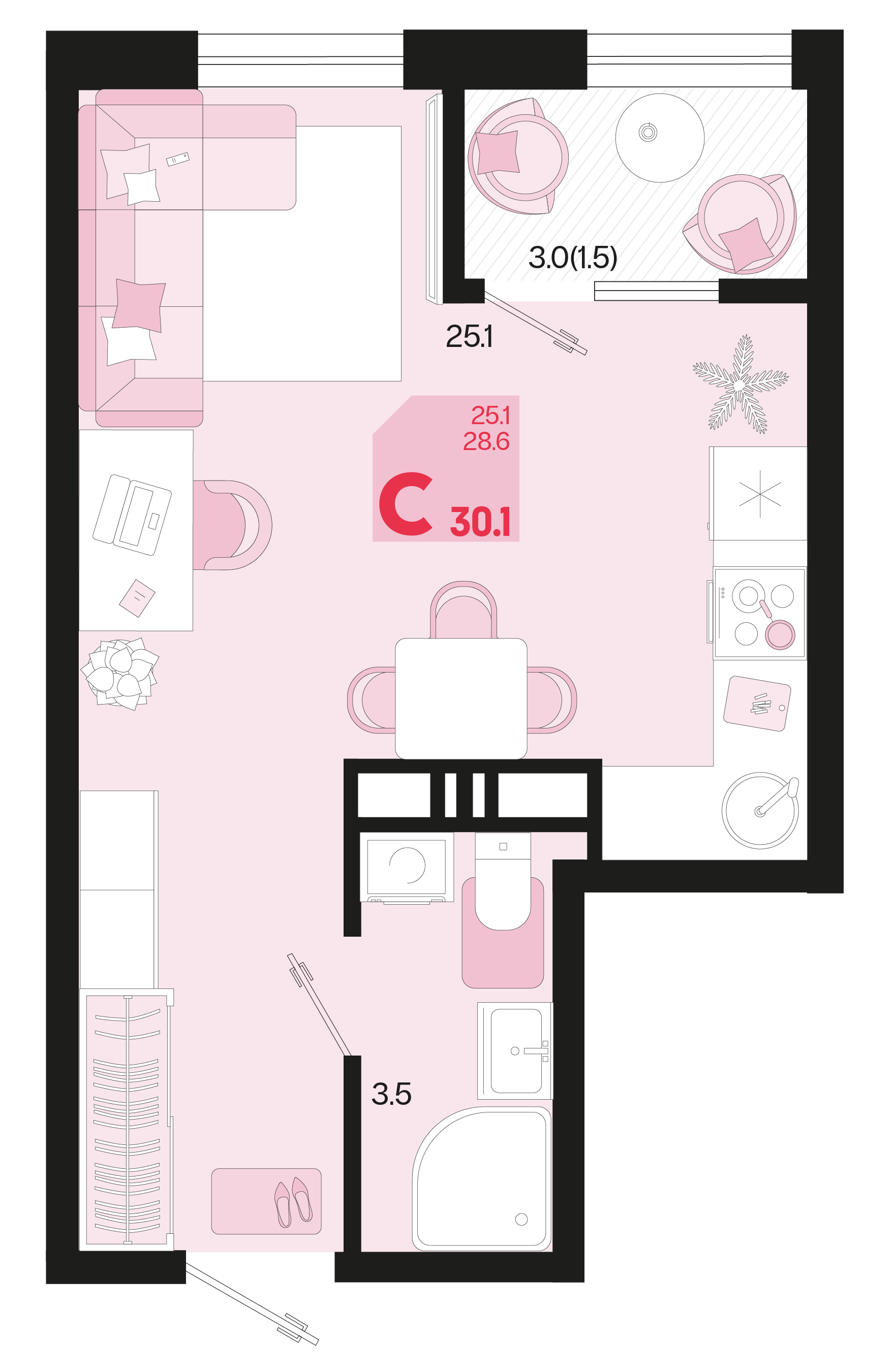 Студия 30 м2 в ЖК Первое место корпус null этаж 16