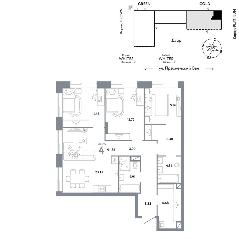 3-комнатная 91 м2 в ЖК Репаблик корпус null этаж 15