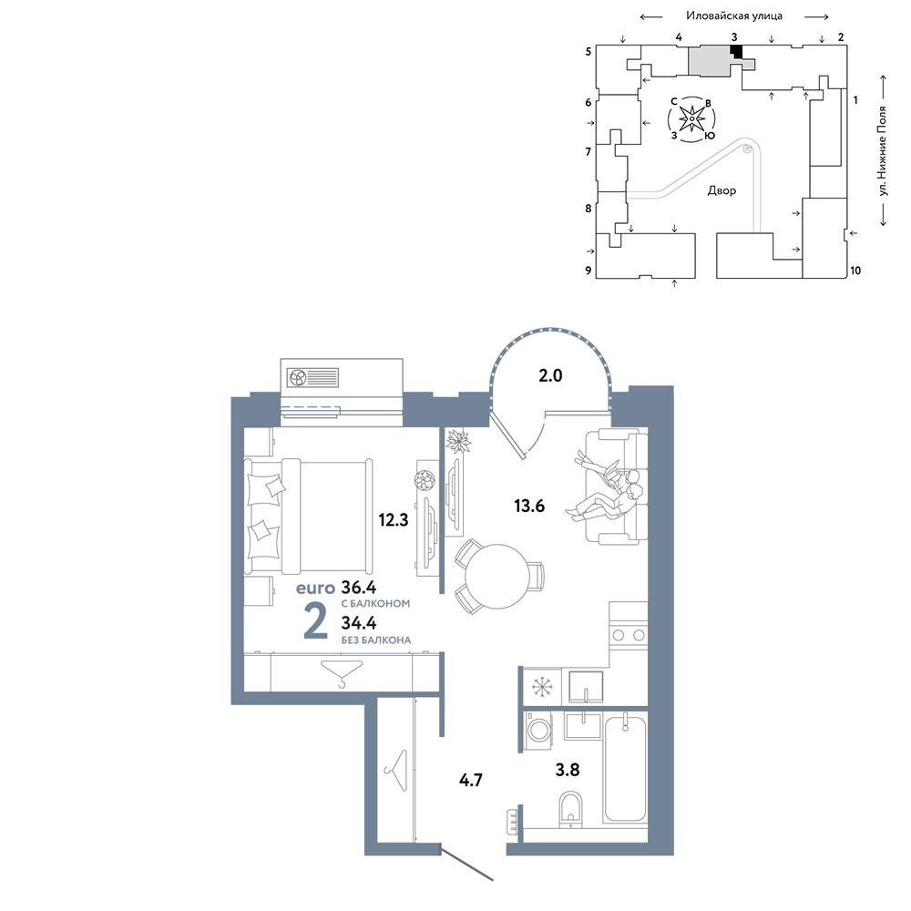 2-комнатная 36 м2 в ЖК Страна.Заречная корпус null этаж 5