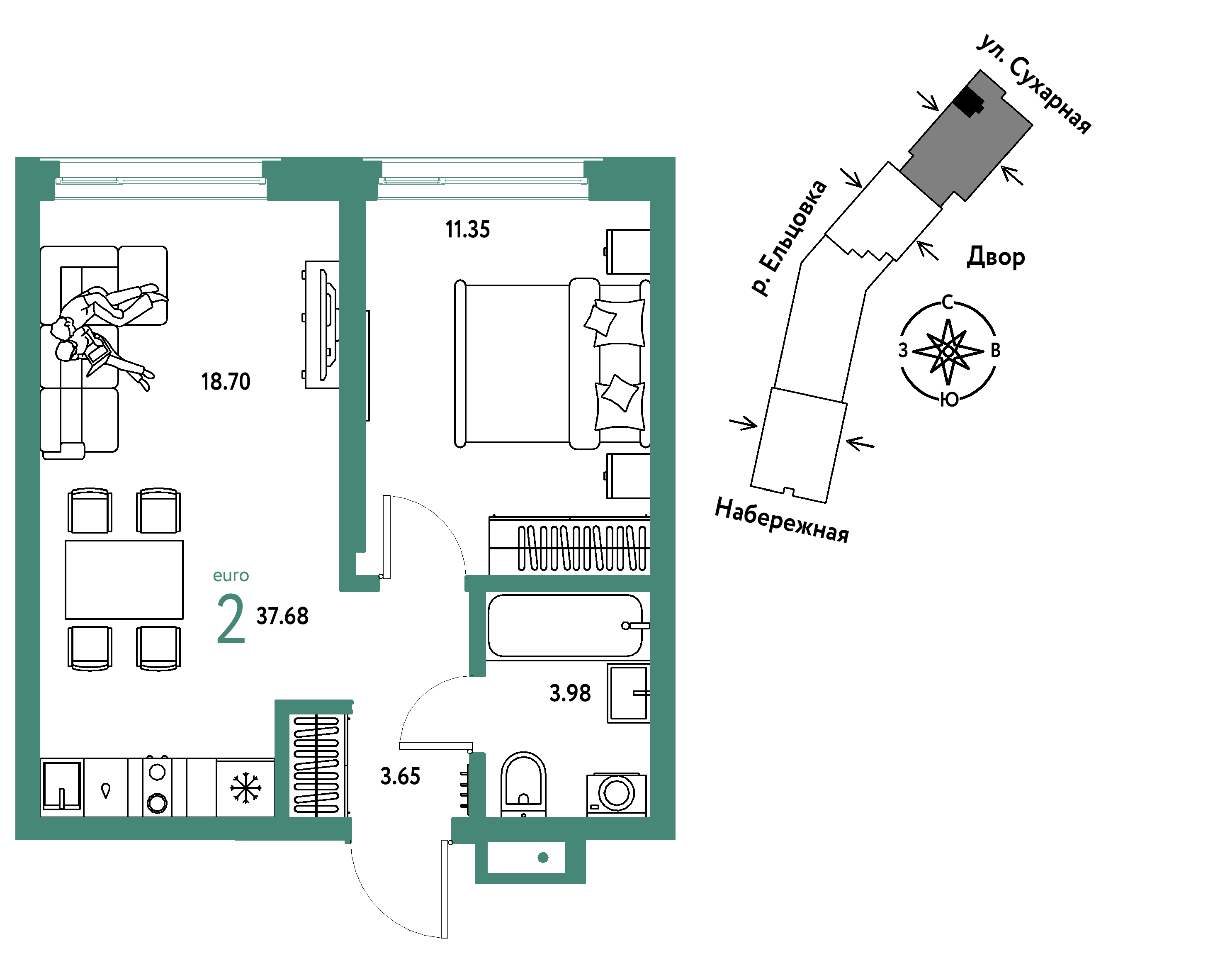 2-комнатная 37 м2 в ЖК Страна.Береговая корпус null этаж 13
