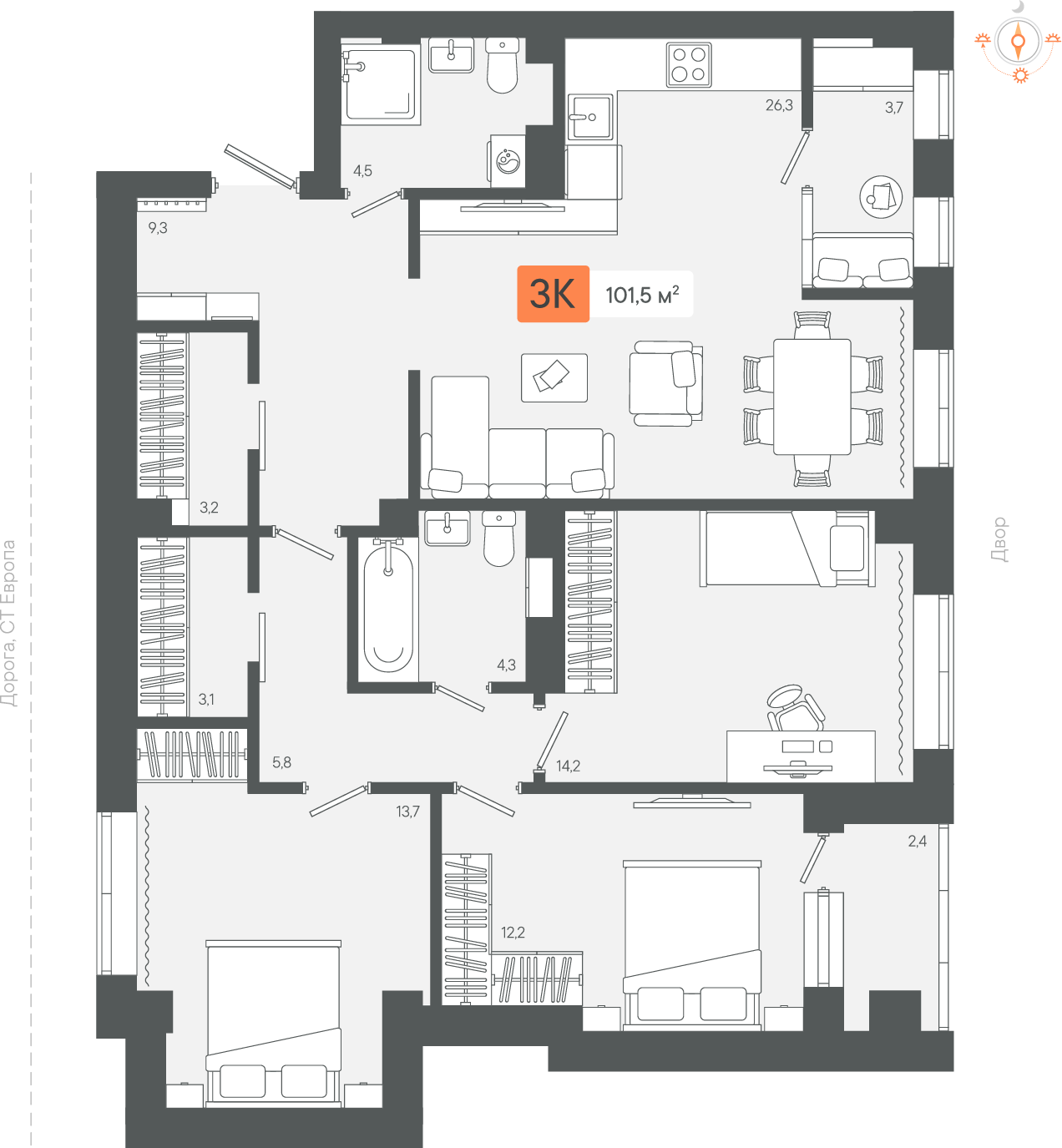 3-комнатная 101 м2 в ЖК Zori корпус null этаж 8