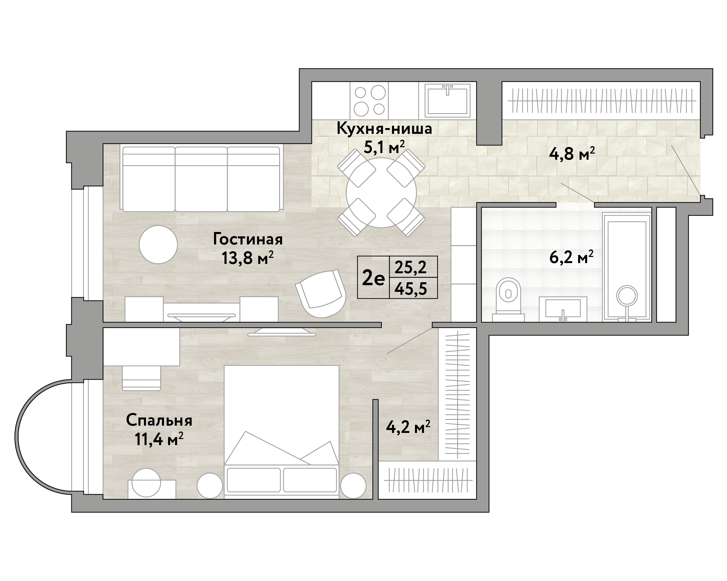1-комнатная 45 м2 в ЖК Новые Смыслы корпус null этаж 3