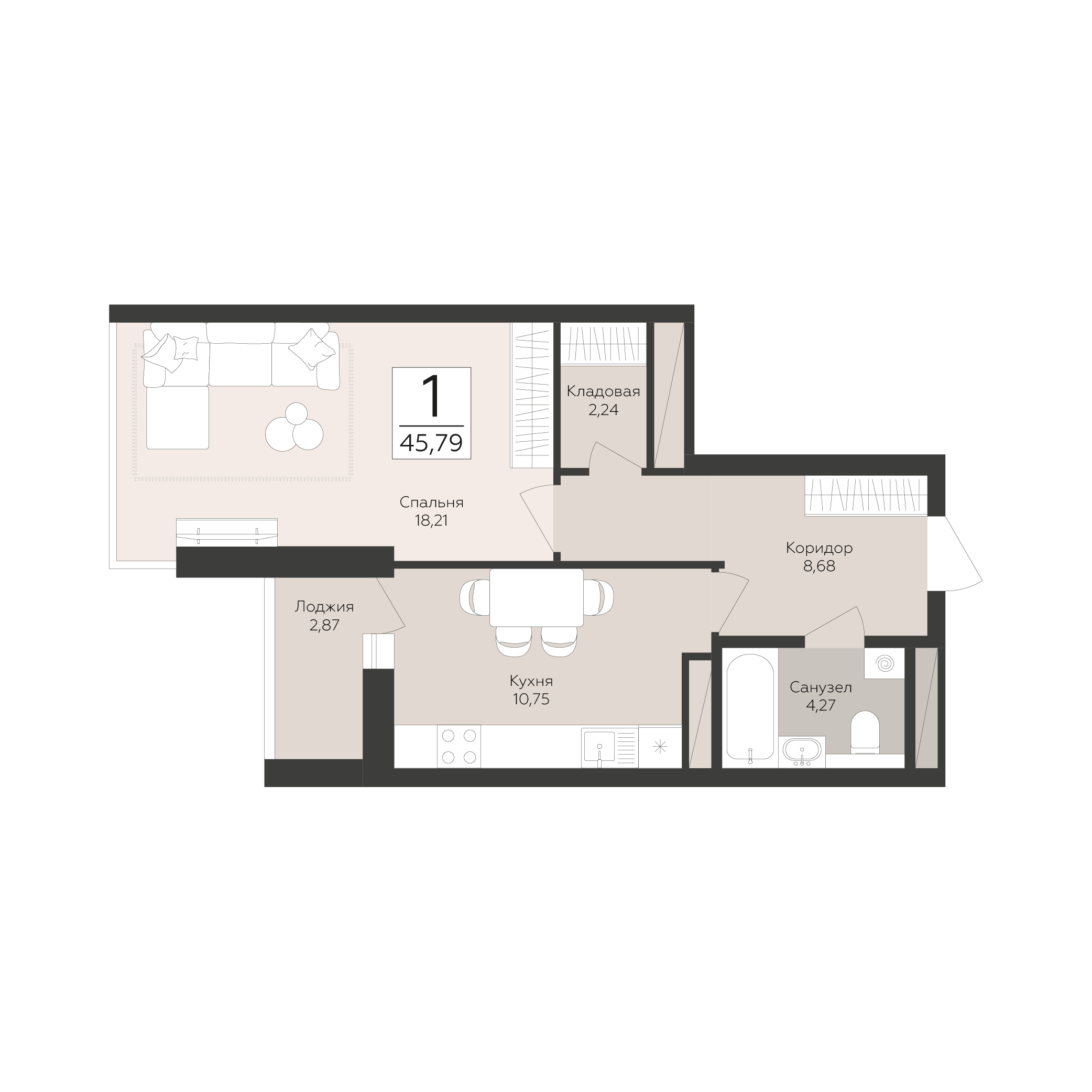 1-комнатная 45 м2 в ЖК Скай корпус null этаж 13