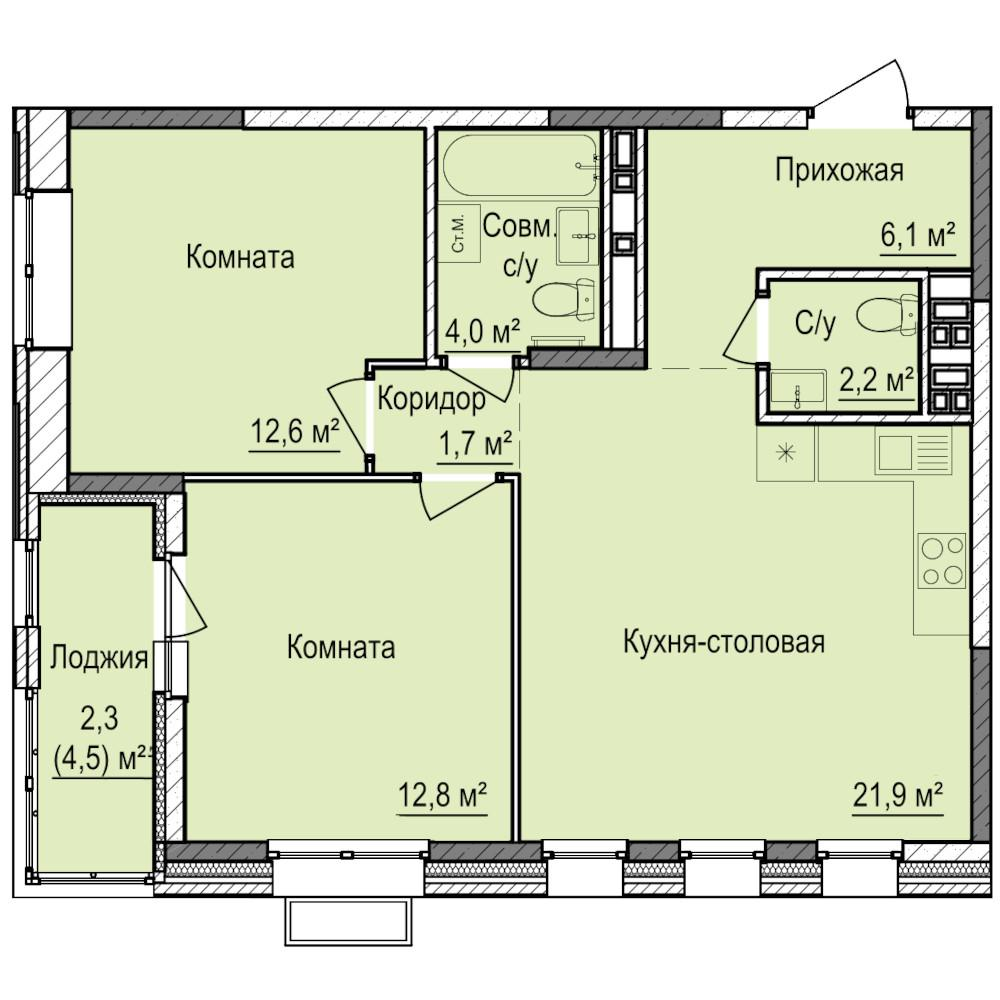2-комнатная 63 м2 в ЖК Норвежский Лес корпус null этаж 3