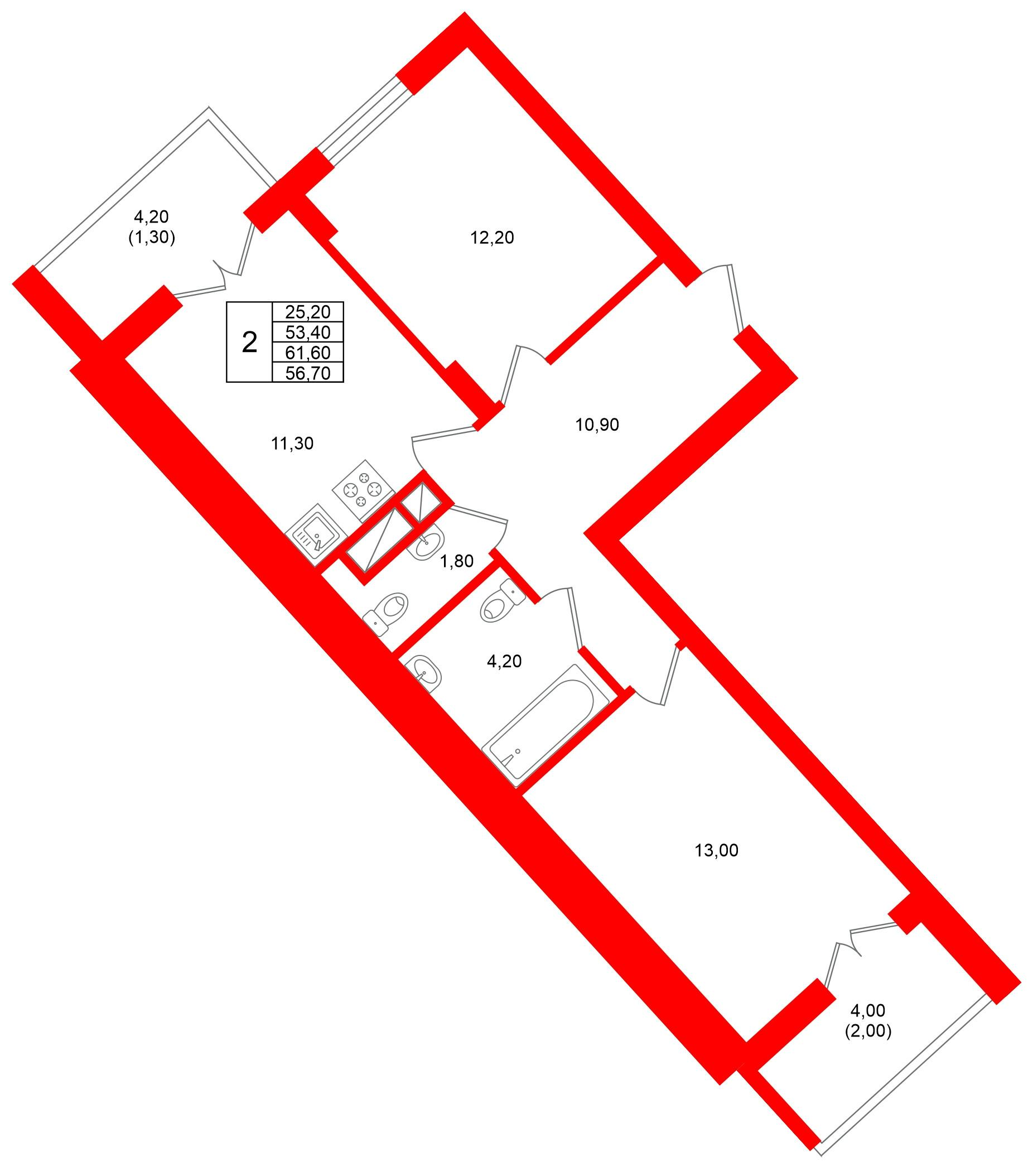 2-комнатная 56 м2 в ЖК Фридланд корпус null этаж 6