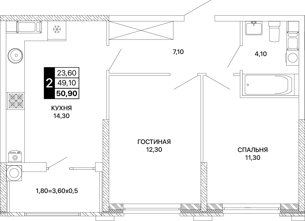 2-комнатная 50 м2 в ЖК Сияние корпус null этаж 3