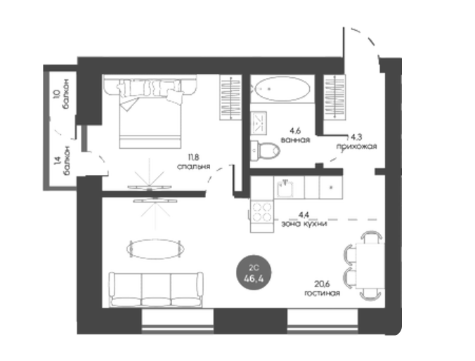 1-комнатная 46.4 м2 в ЖК undefined корпус null этаж 3