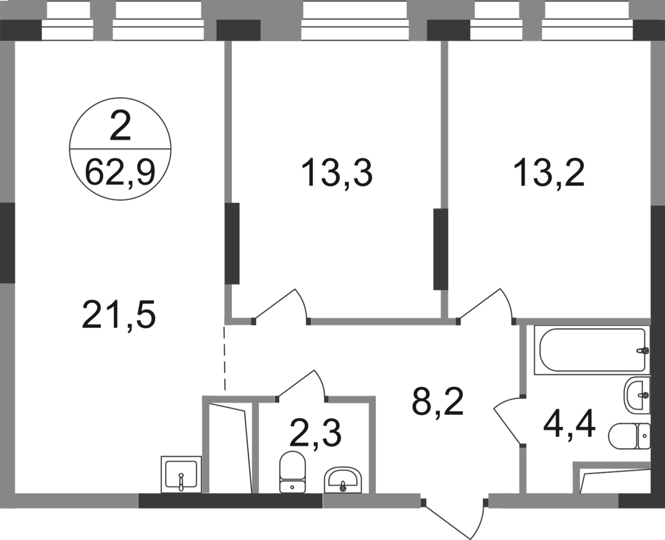 2-комнатная 62 м2 в ЖК Первый Московский корпус null этаж 9