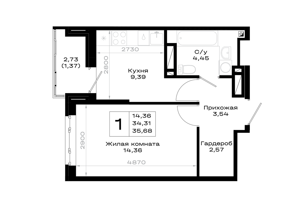 1-комнатная 35 м2 в ЖК Октябрь парк корпус null этаж 14
