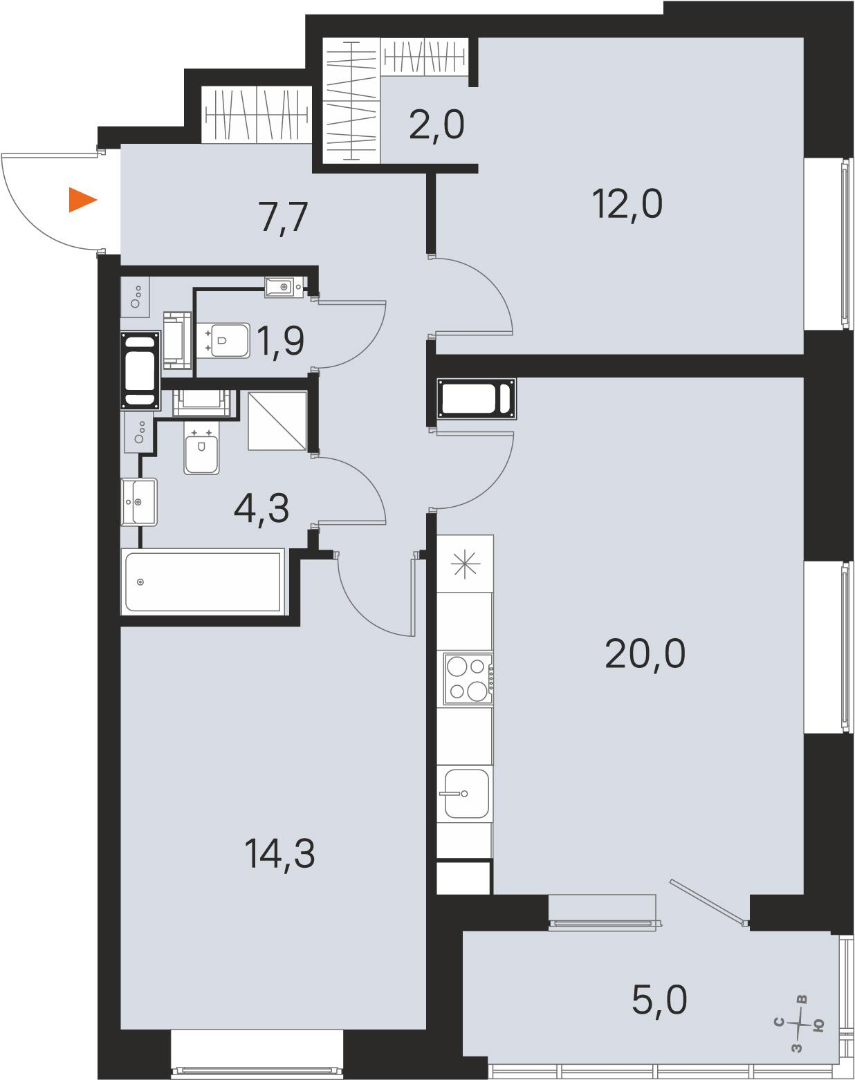 2-комнатная 64 м2 в ЖК М36 корпус null этаж 14