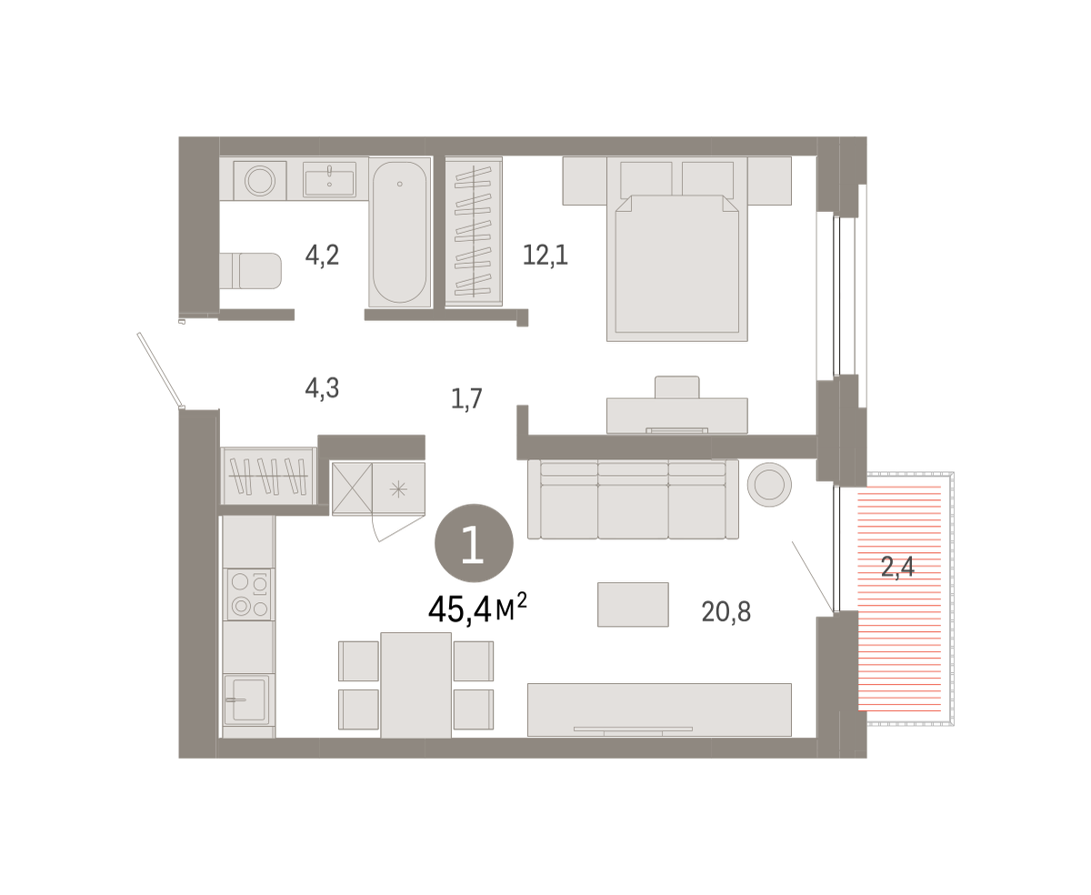 1-комнатная 45 м2 в ЖК Зарека корпус null этаж 4