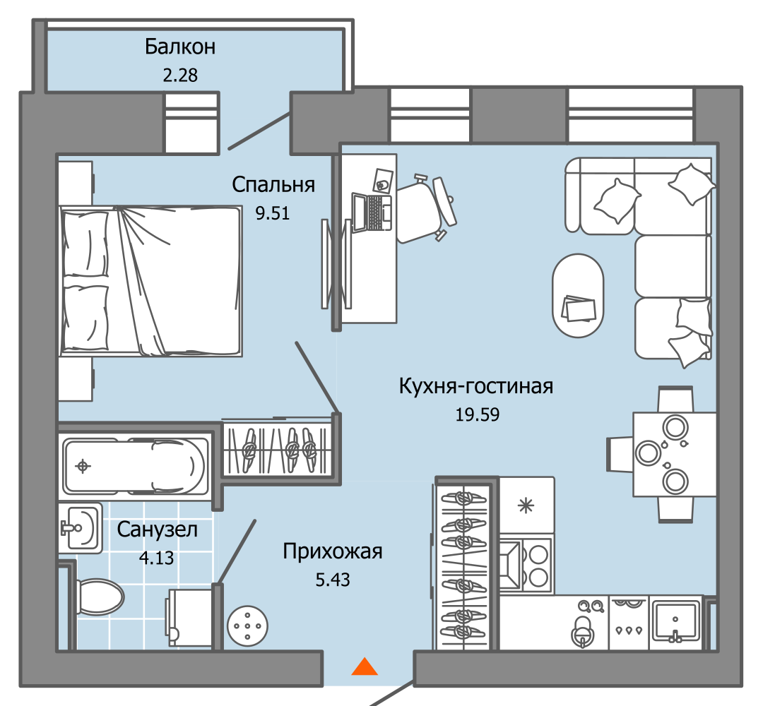 2-комнатная 39 м2 в ЖК Камаполис корпус null этаж 7