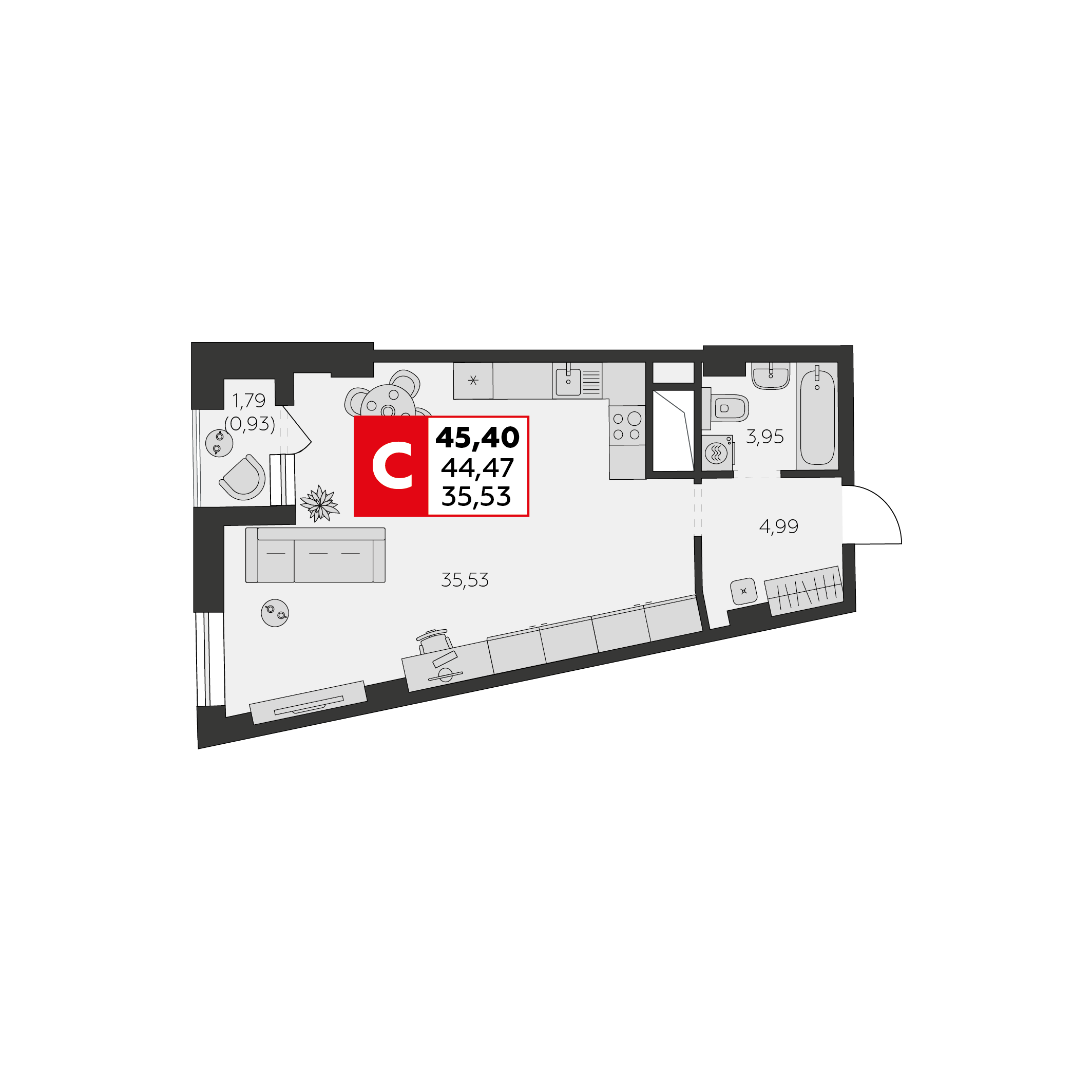 Студия 45 м2 в ЖК Высотка корпус null этаж 15