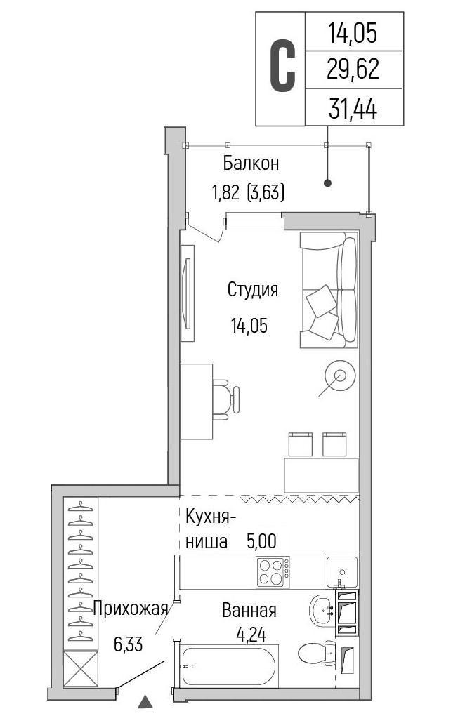 Студия 31 м2 в ЖК Riga Hills корпус null этаж 4
