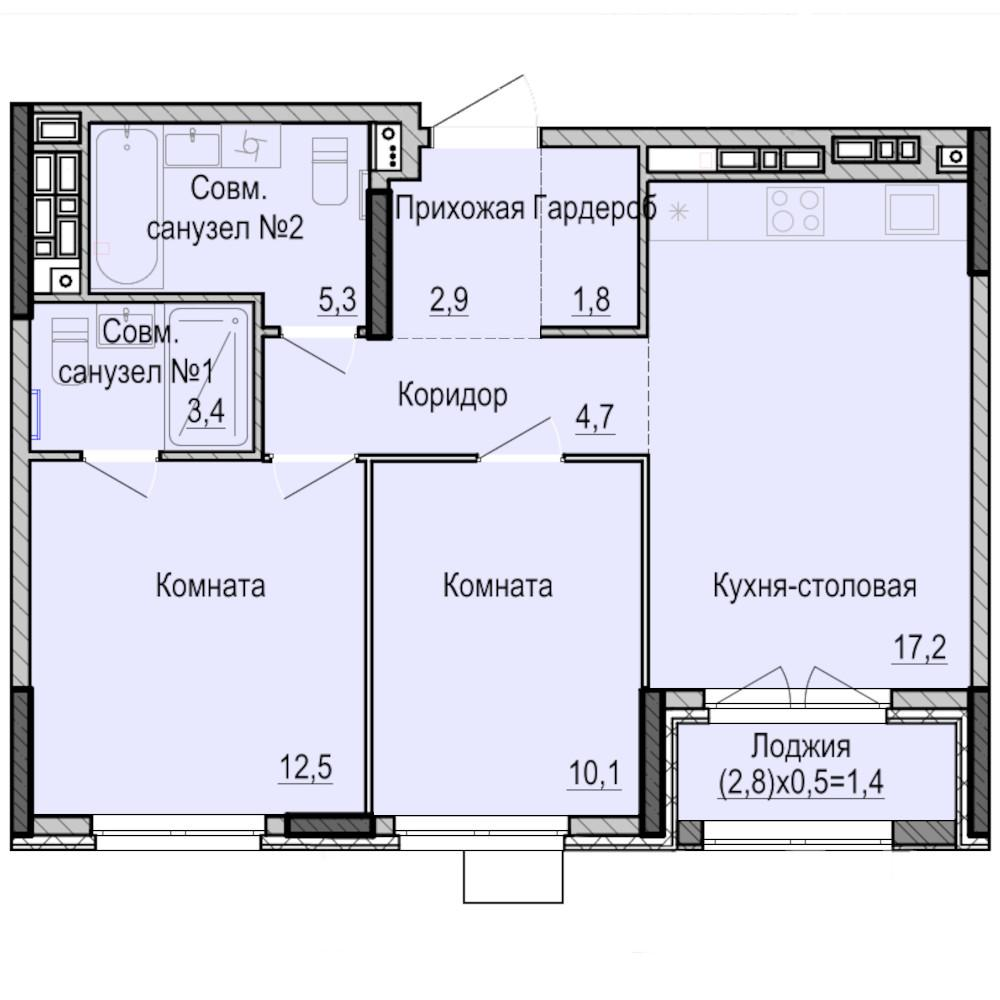 2-комнатная 59 м2 в ЖК Скандинавия корпус null этаж 14