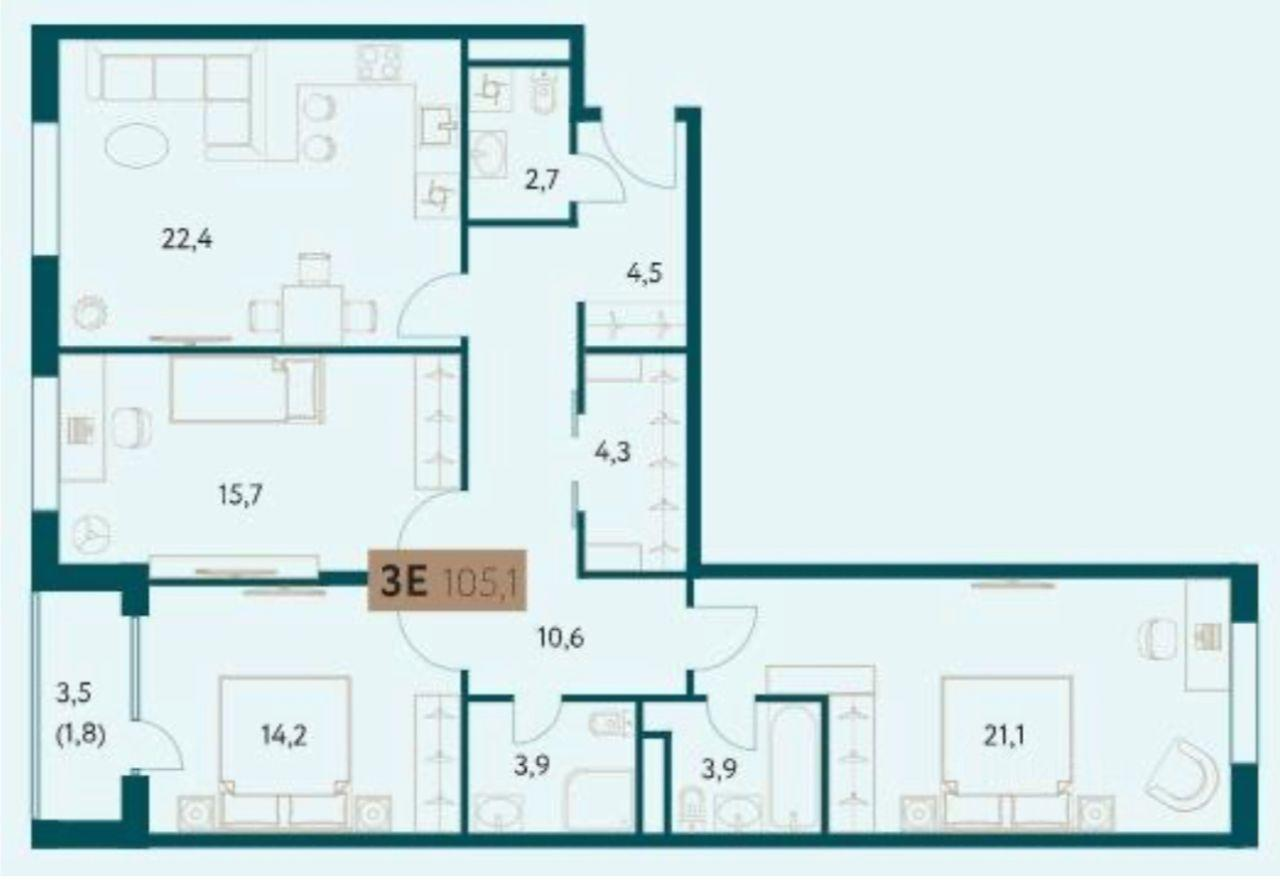 4-комнатная 105 м2 в ЖК undefined корпус null этаж 5