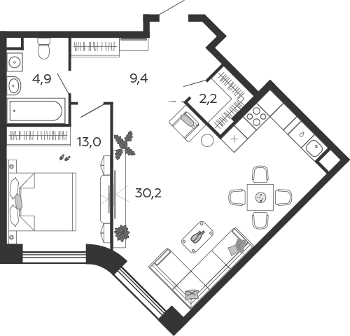1-комнатная 59 м2 в ЖК Shagal корпус null этаж 4