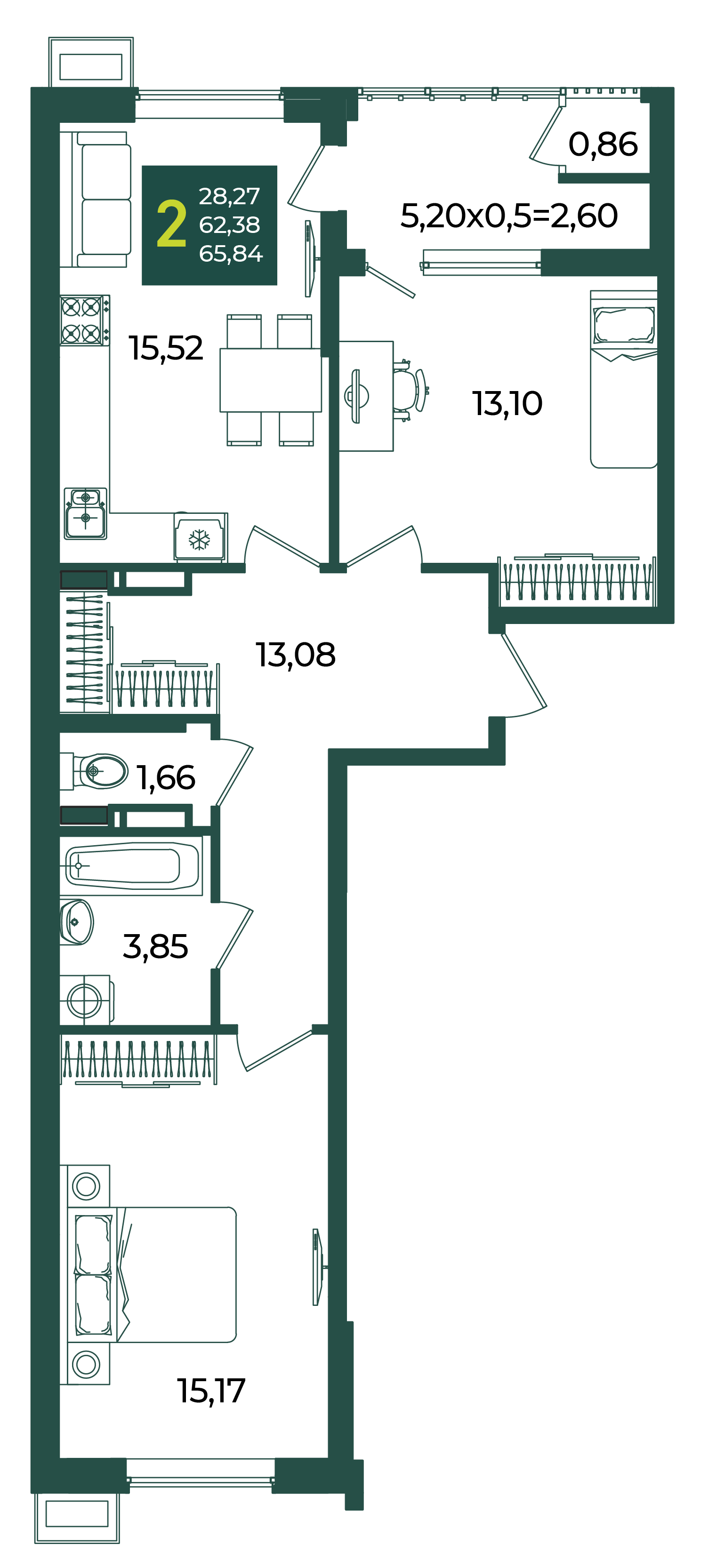 2-комнатная 65 м2 в ЖК Образцово корпус null этаж 15