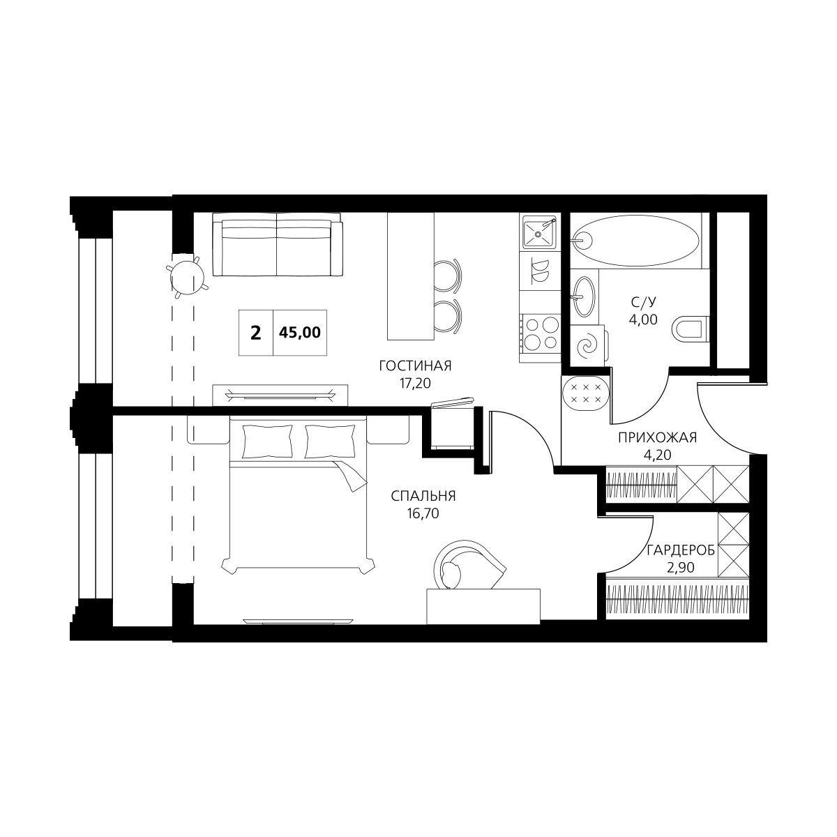 2-комнатная 45 м2 в ЖК Аксис Центр корпус null этаж 3