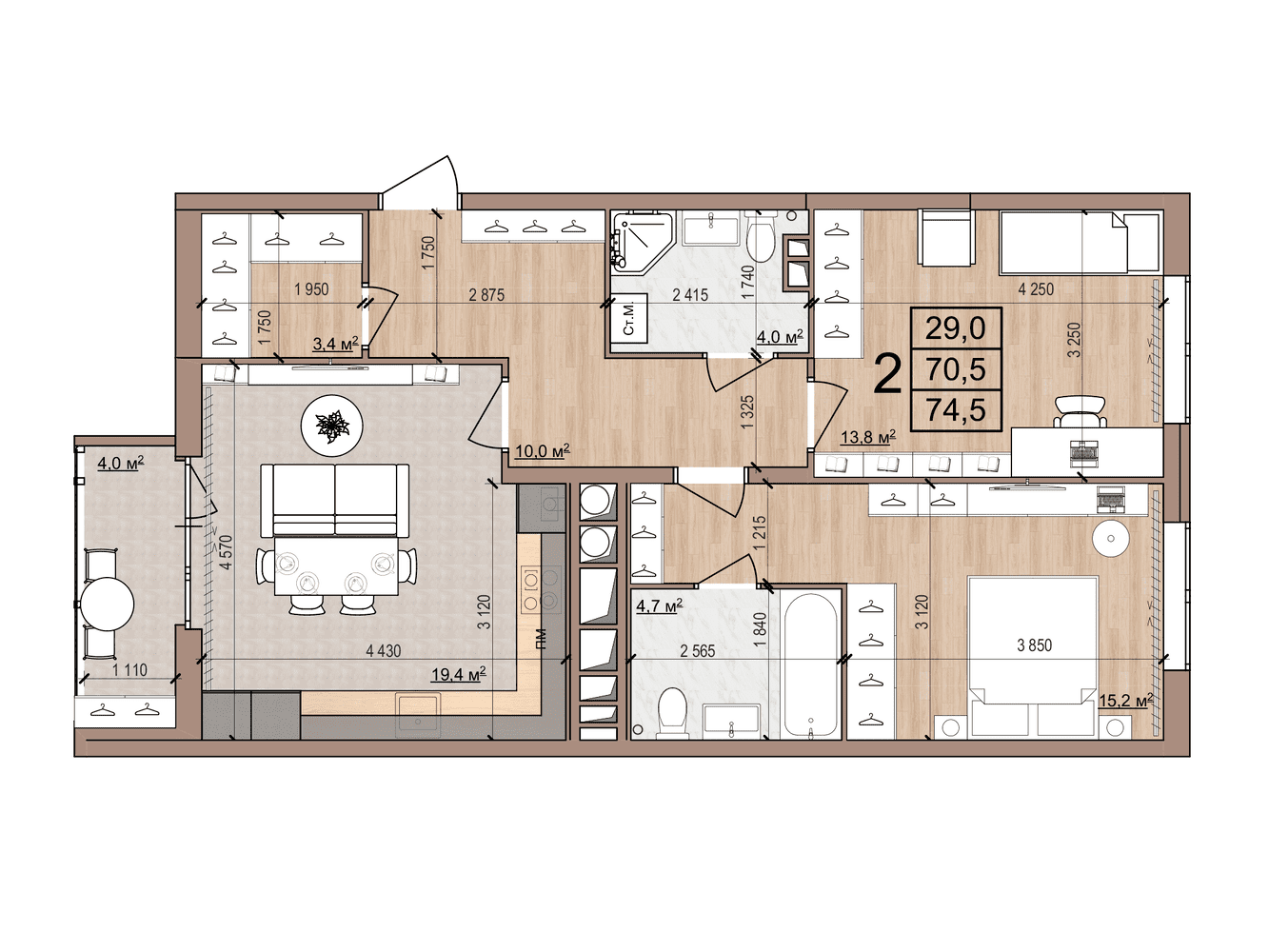 2-комнатная 74 м2 в ЖК Skyline-2 корпус null этаж 13
