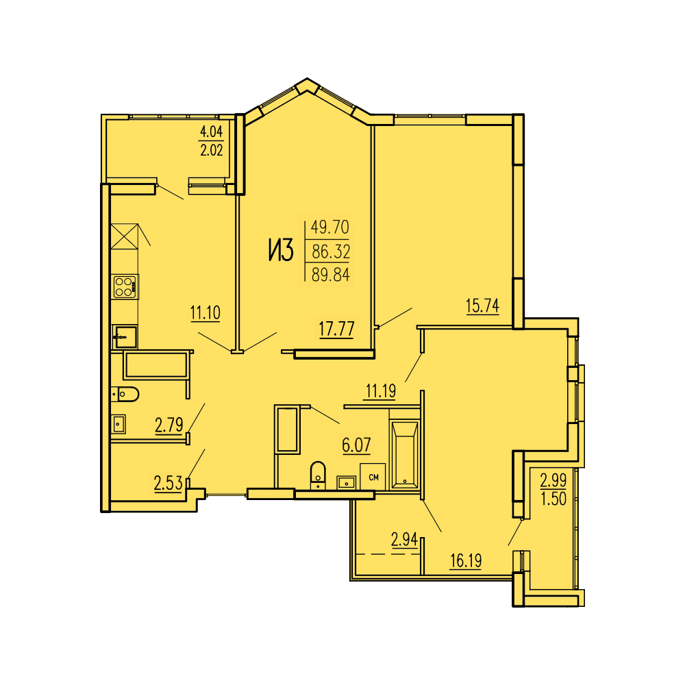 3-комнатная 89 м2 в ЖК Акварель корпус null этаж 6