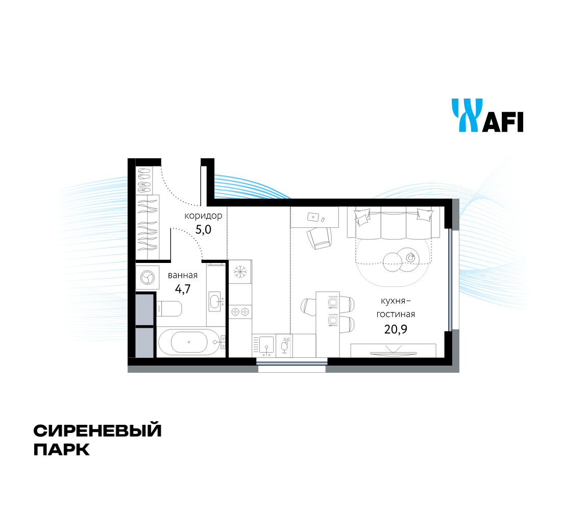 Студия 30 м2 в ЖК Сиреневый парк корпус null этаж 2