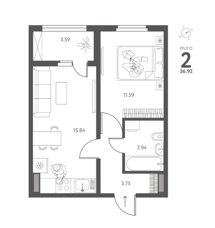 2-комнатная 36.9 м2 в ЖК undefined корпус null этаж 15