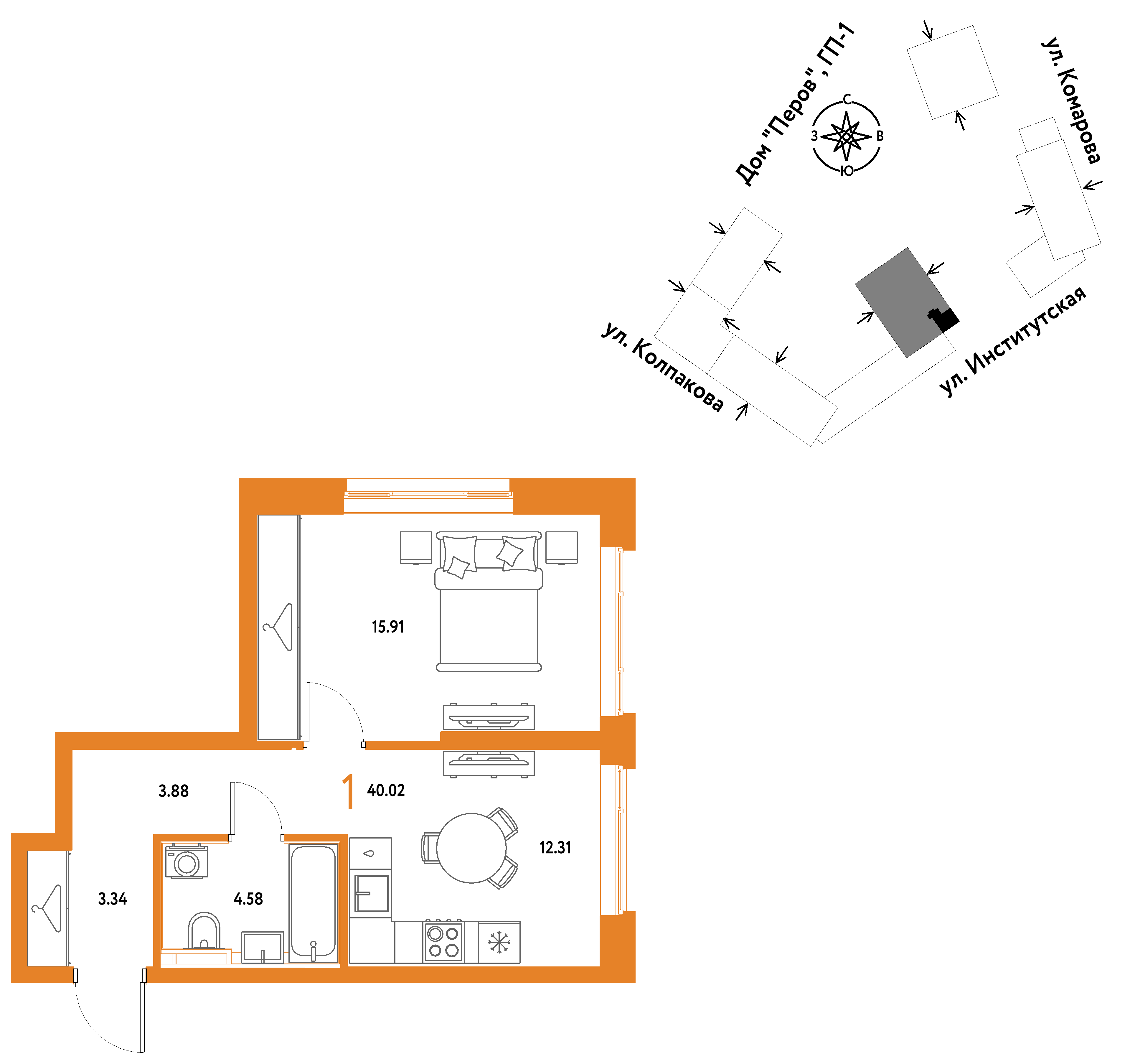 1-комнатная 40 м2 в ЖК Страна.Парковая корпус null этаж 8