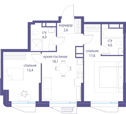 1-комнатная 46 м2 в ЖК Остров корпус null этаж 5
