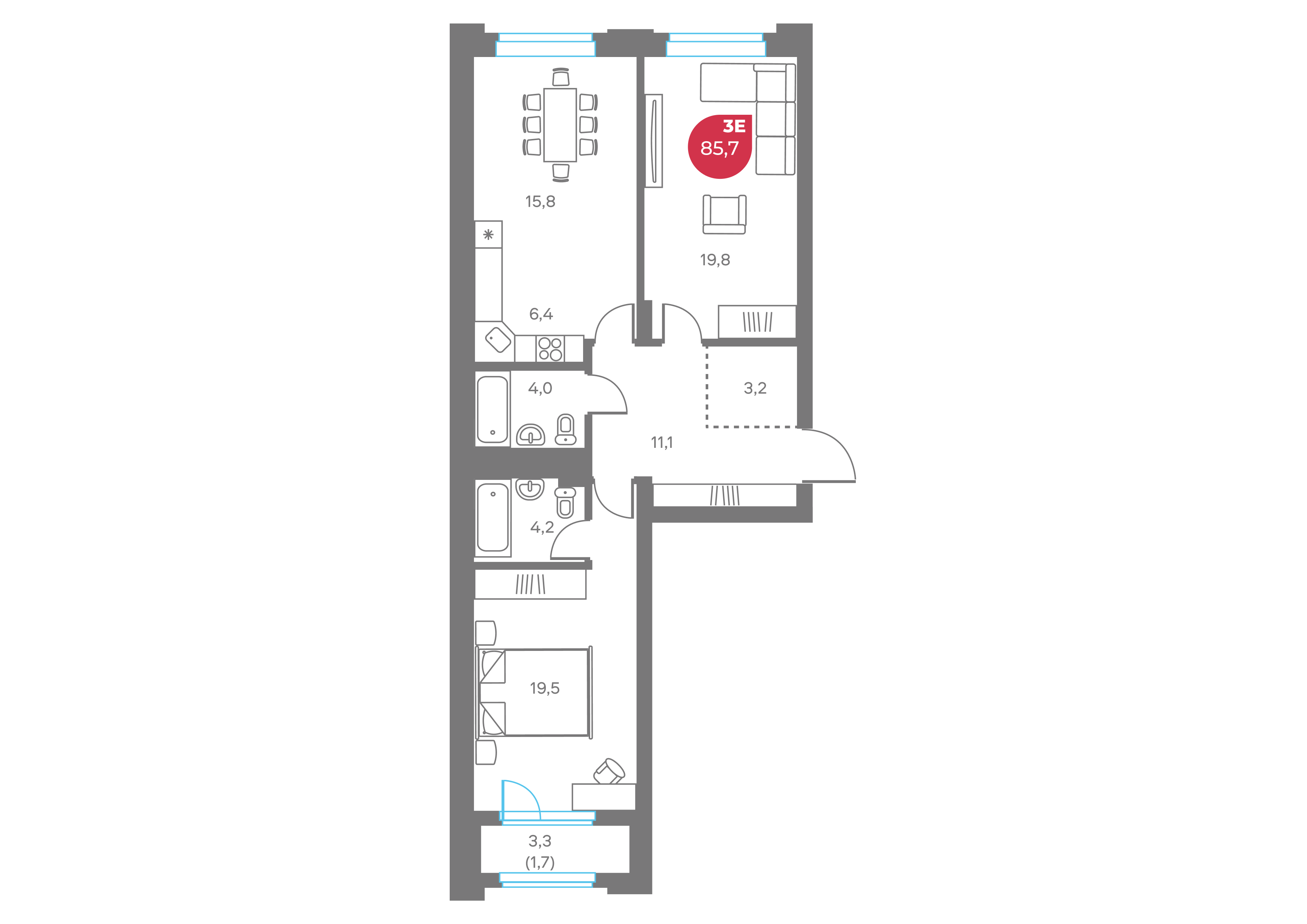 3-комнатная 85 м2 в ЖК Кама корпус null этаж 7