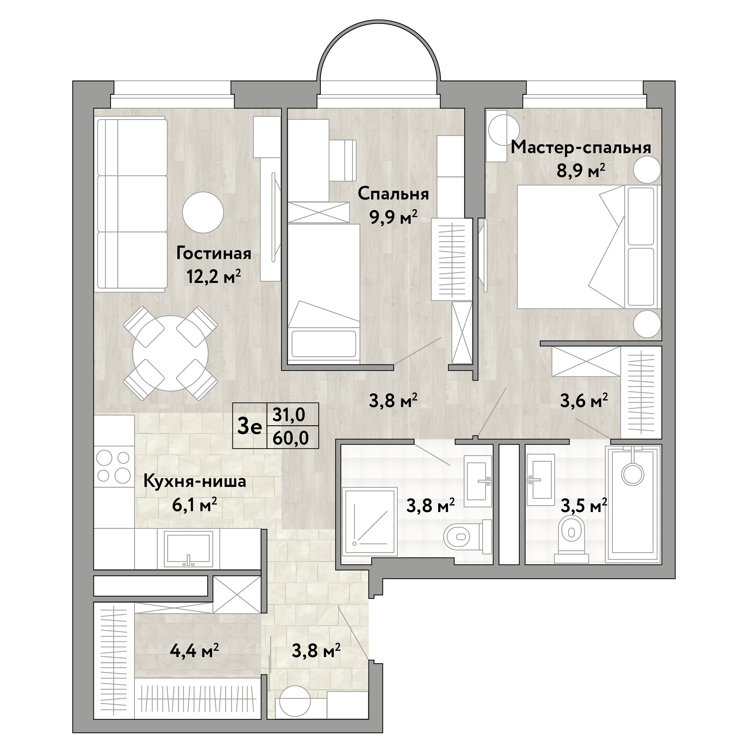 2-комнатная 60 м2 в ЖК Новые Смыслы корпус null этаж 2