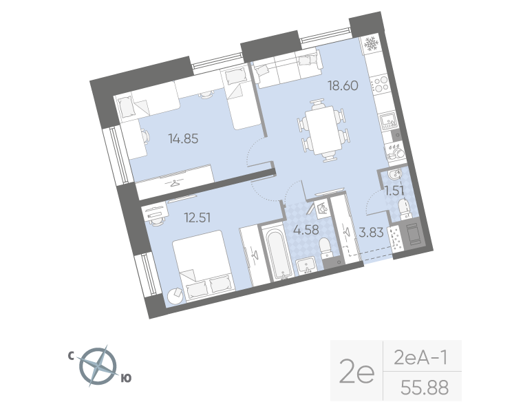 2-комнатная 55 м2 в ЖК Бульвар Грина корпус null этаж 6