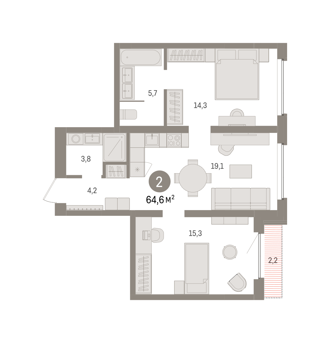 2-комнатная 64 м2 в ЖК Зарека корпус null этаж 9