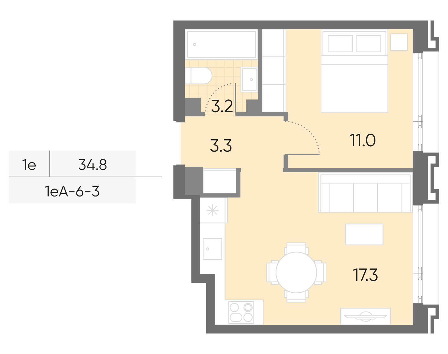 1-комнатная 34 м2 в ЖК Вейв корпус null этаж 3