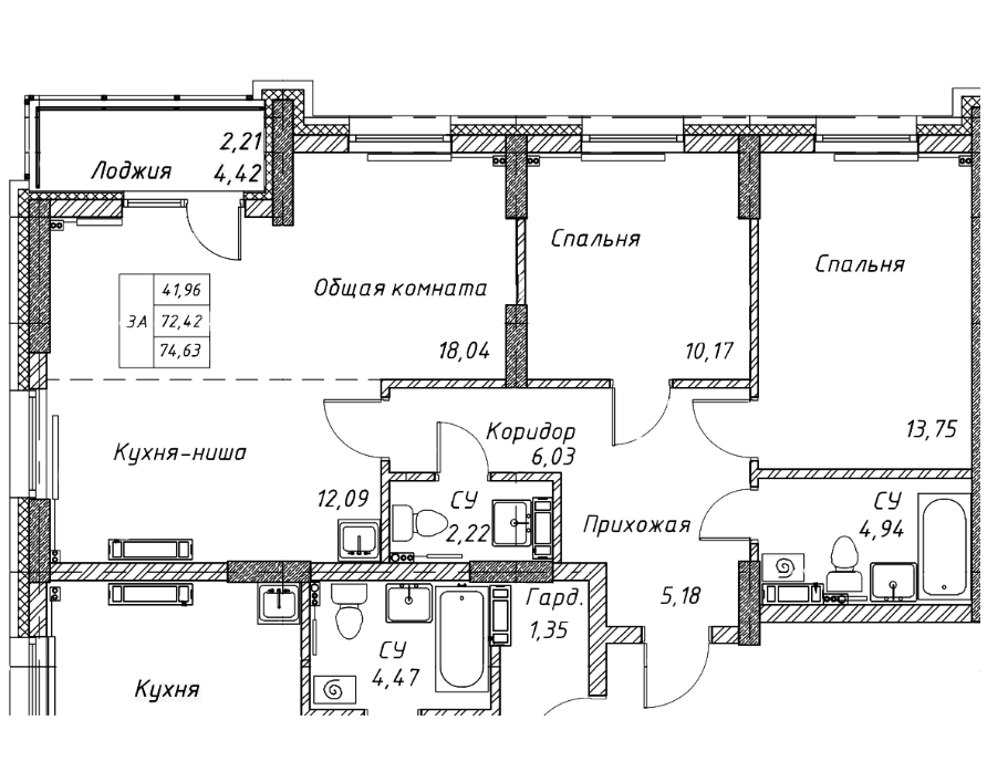 3-комнатная 72.6 м2 в ЖК undefined корпус null этаж 9