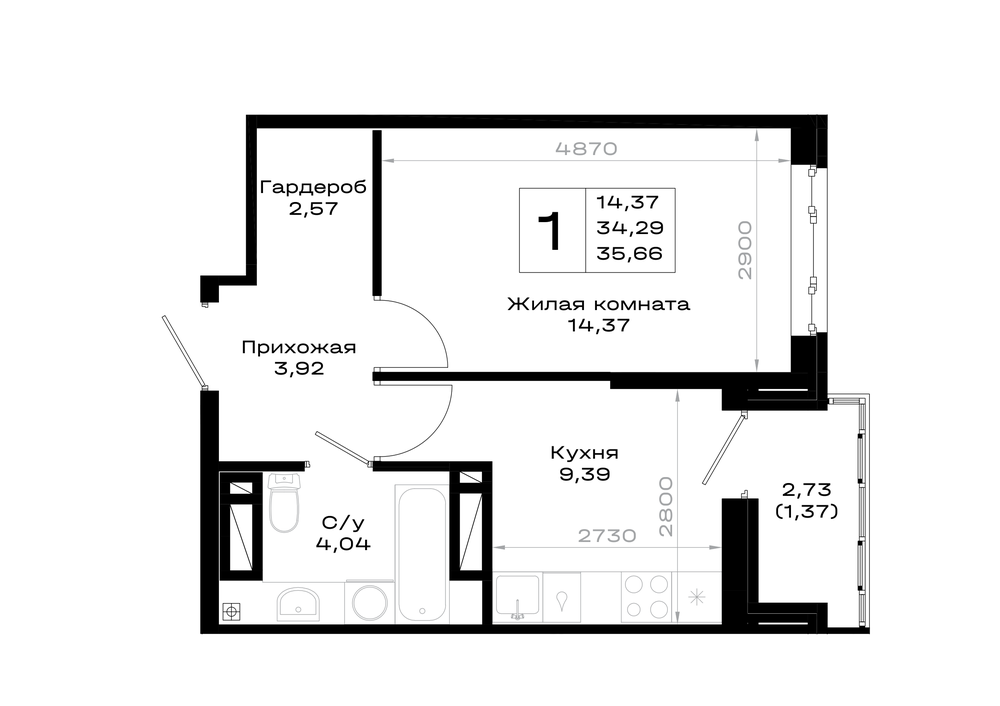 1-комнатная 35 м2 в ЖК Октябрь парк корпус null этаж 4