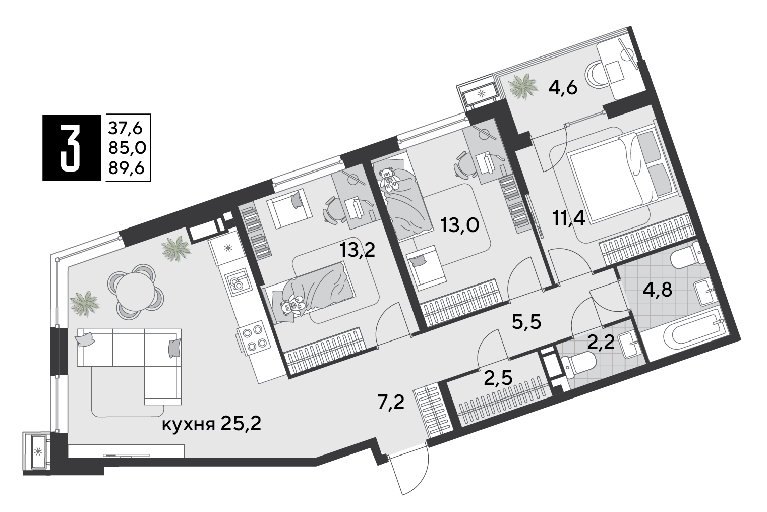 3-комнатная 90 м2 в ЖК Парк Победы 2 корпус null этаж 12