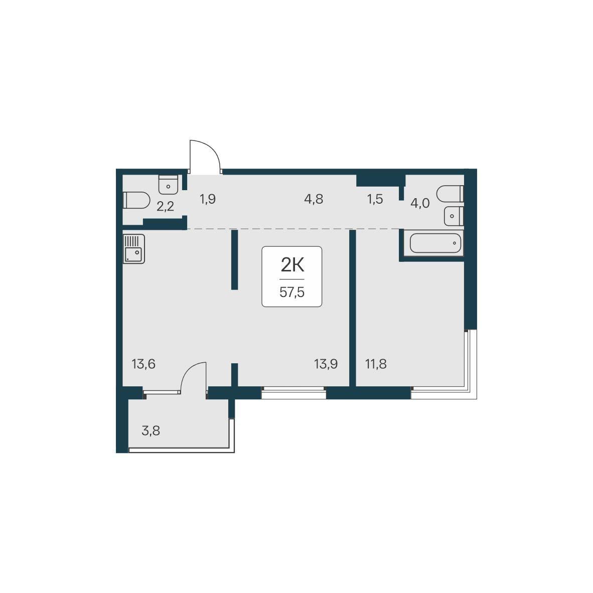 2-комнатная 57 м2 в ЖК Квартал на Игарской корпус null этаж 11