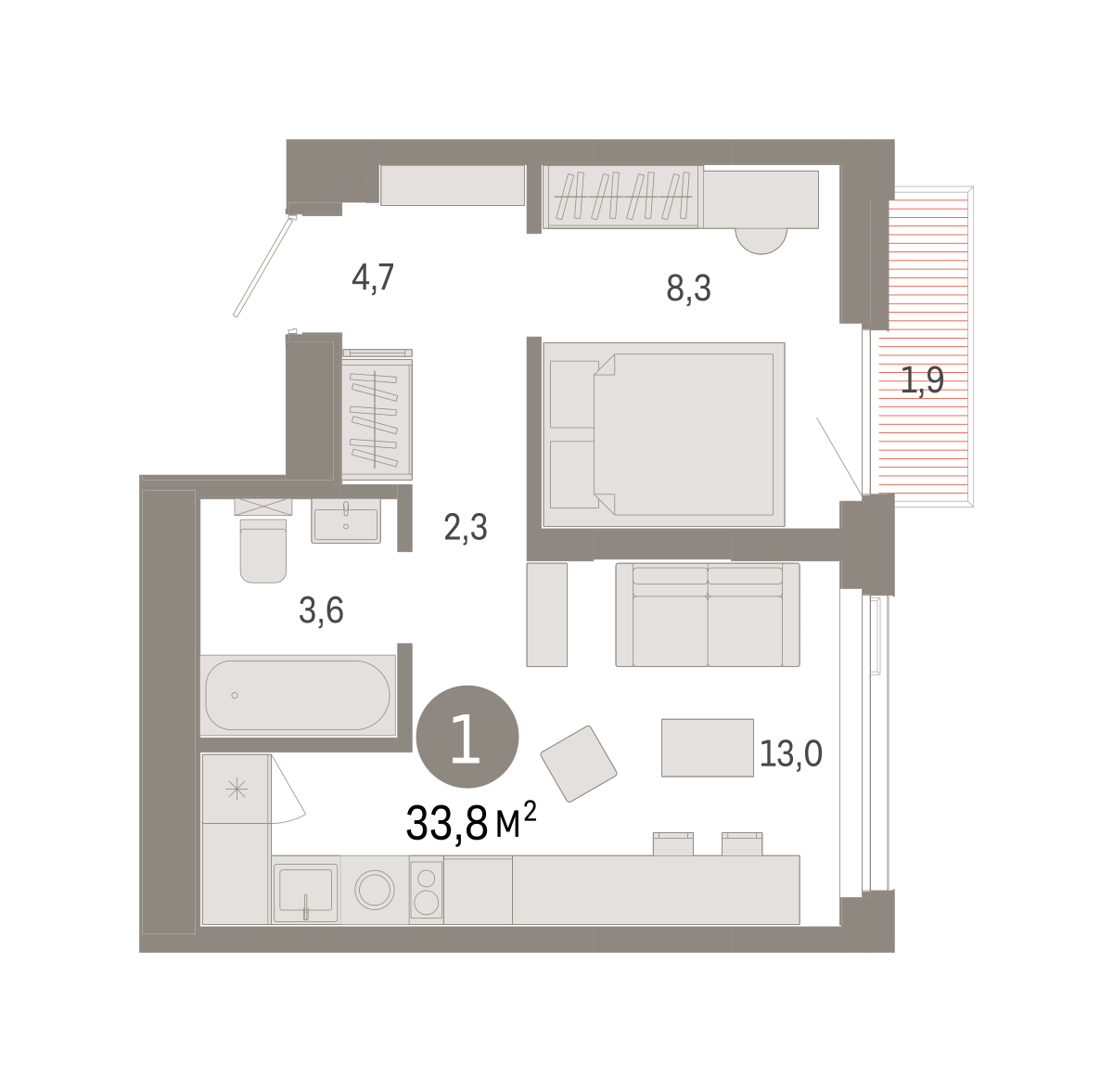 1-комнатная 33 м2 в ЖК Зарека корпус null этаж 18