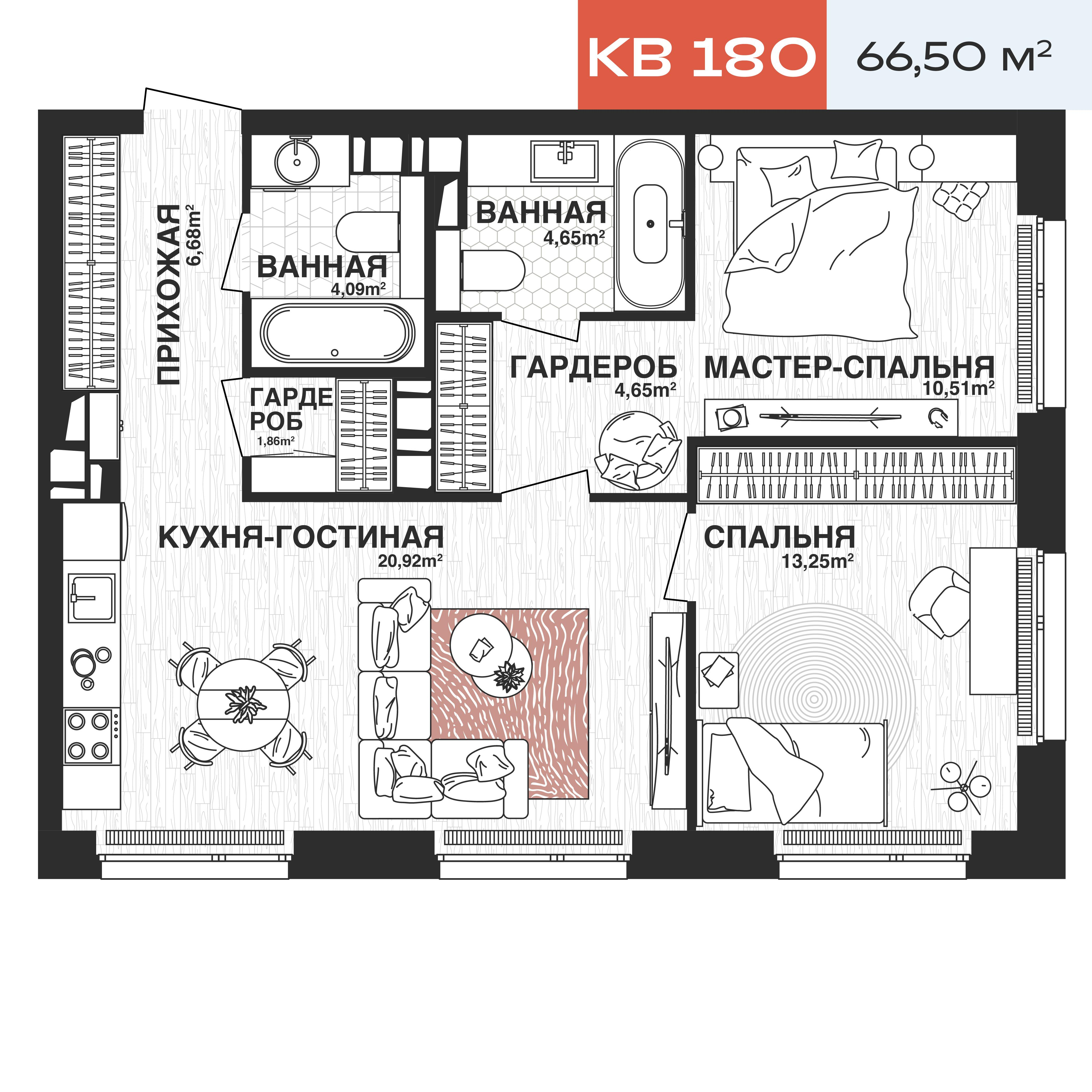 2-комнатная 66 м2 в ЖК Парковый корпус null этаж 10