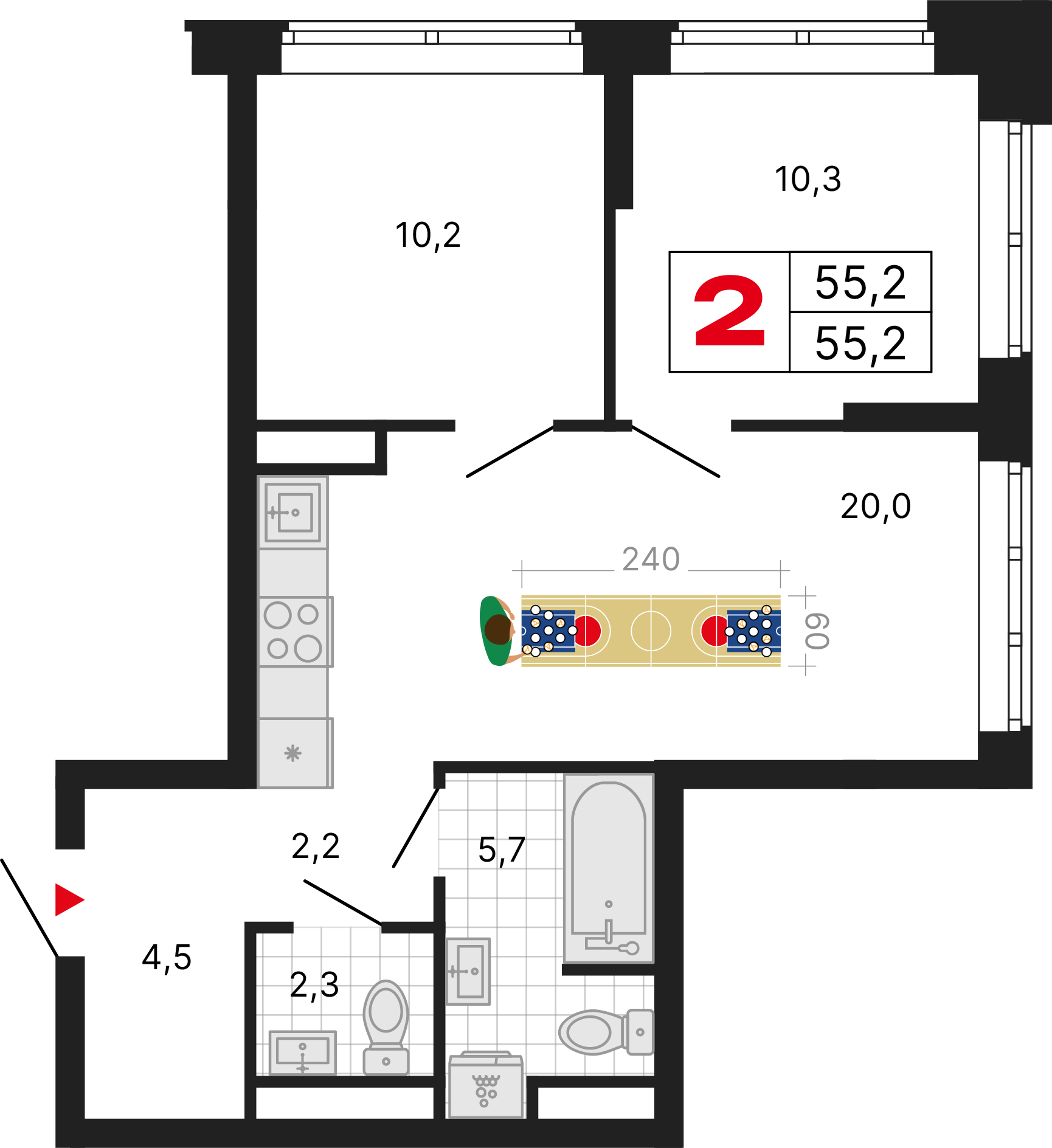 2-комнатная 55 м2 в ЖК Бестселлер корпус null этаж 9