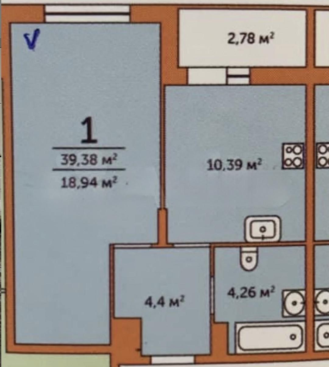 1-комнатная 39.4 м2 в ЖК undefined корпус null этаж 6