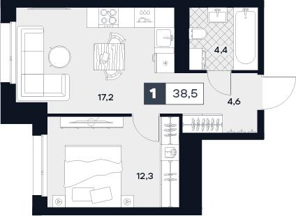 1-комнатная 38 м2 в ЖК Юту корпус null этаж 8