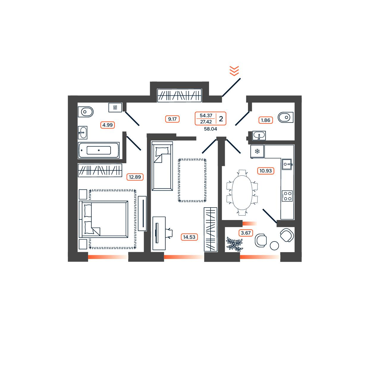 2-комнатная 58 м2 в ЖК Темп корпус null этаж 11