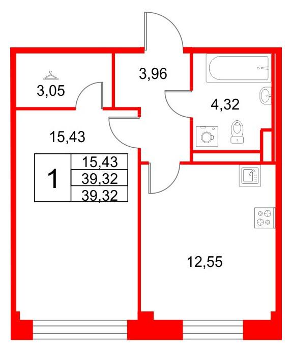 1-комнатная 39 м2 в ЖК Кронфорт. Центральный корпус null этаж 2