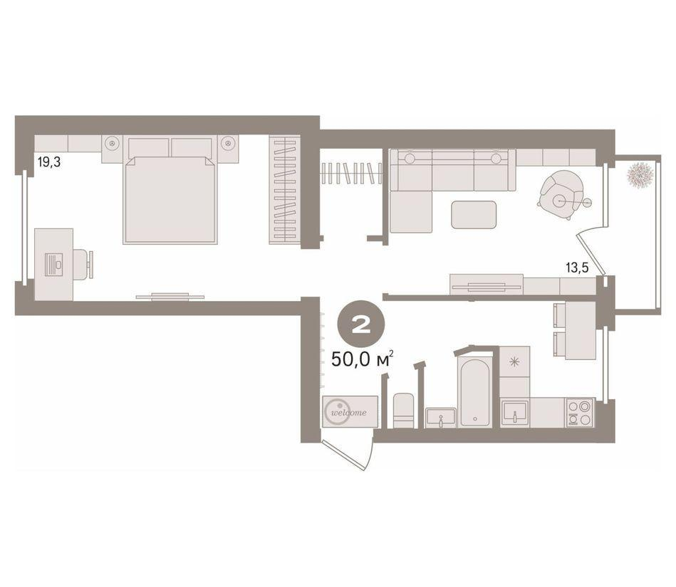 2-комнатная 50 м2 в ЖК undefined корпус null этаж 5
