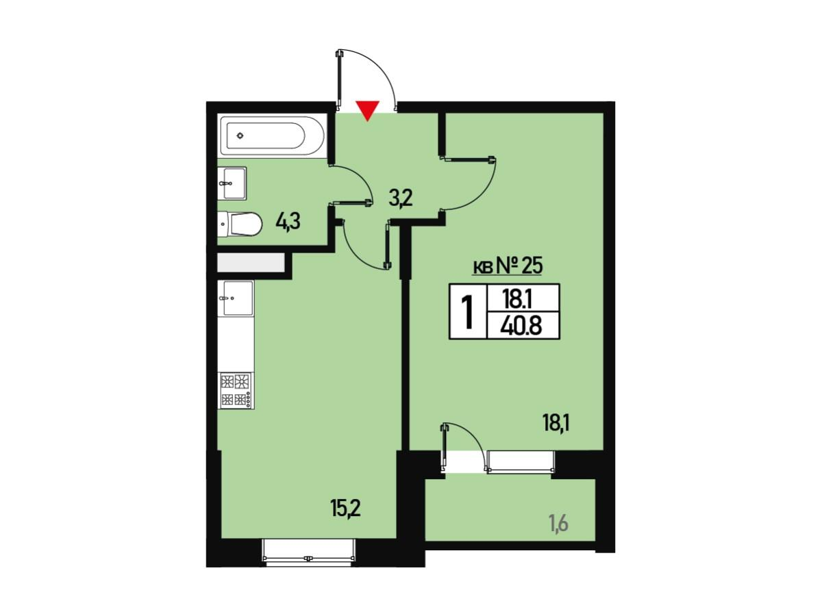 1-комнатная 40 м2 в ЖК Борисоглебское корпус null этаж 1